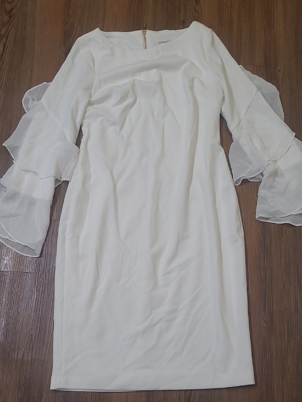 Calvin Klein White Ruffle Bell Sleeve Sheath Dress